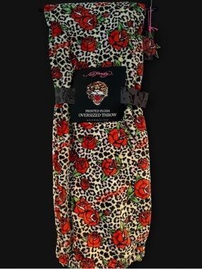 Ed Hardy Rose Leopard Plush Throw Blanket New
